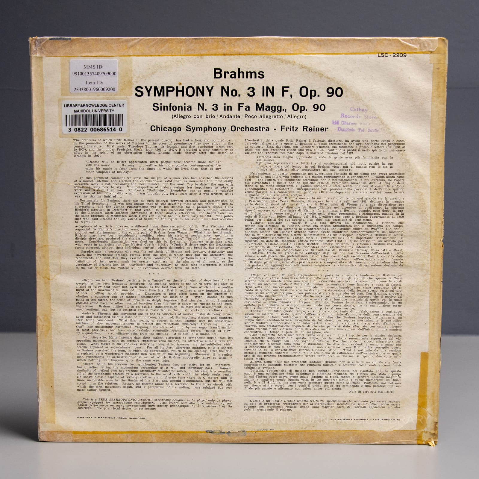 ปกหลัง — Brahms symphony. no. 3, Chicago symphony orchestra