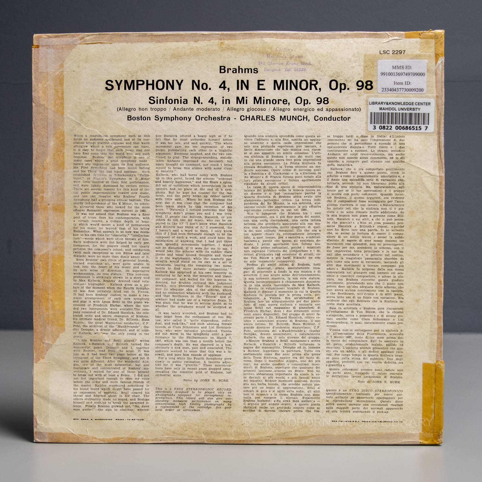 ปกหลัง — Brahms symphony. no. 4, Boston symphony orchestra