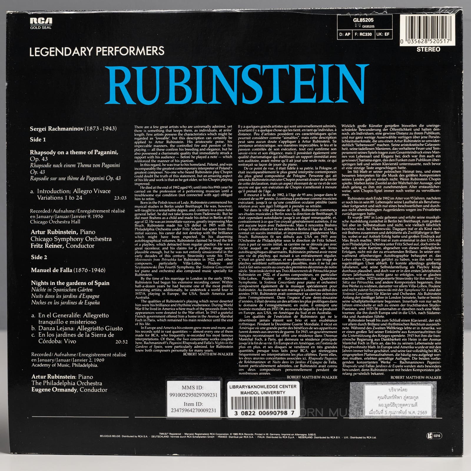 ปกหลัง — Rubinstein Rhapsody on a theme of Paganini, nights in the gardens of Spain