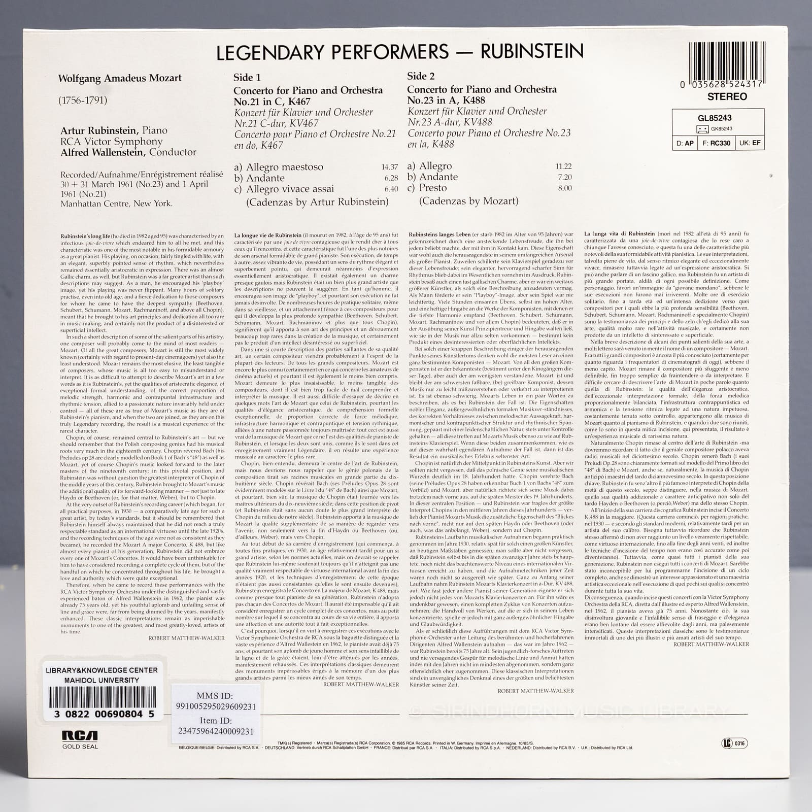 ปกหลัง — Rubinstein Mozart piano concertos