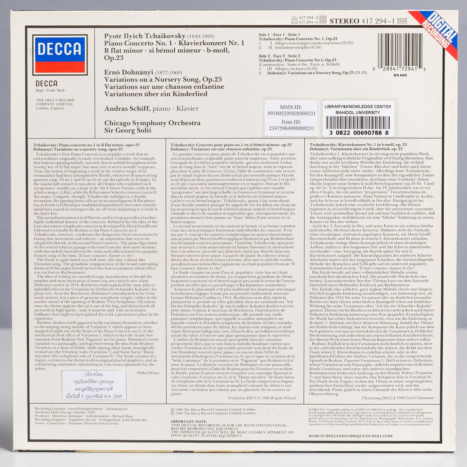 ปกหลัง — Tchaikovsky piano concertos No.1