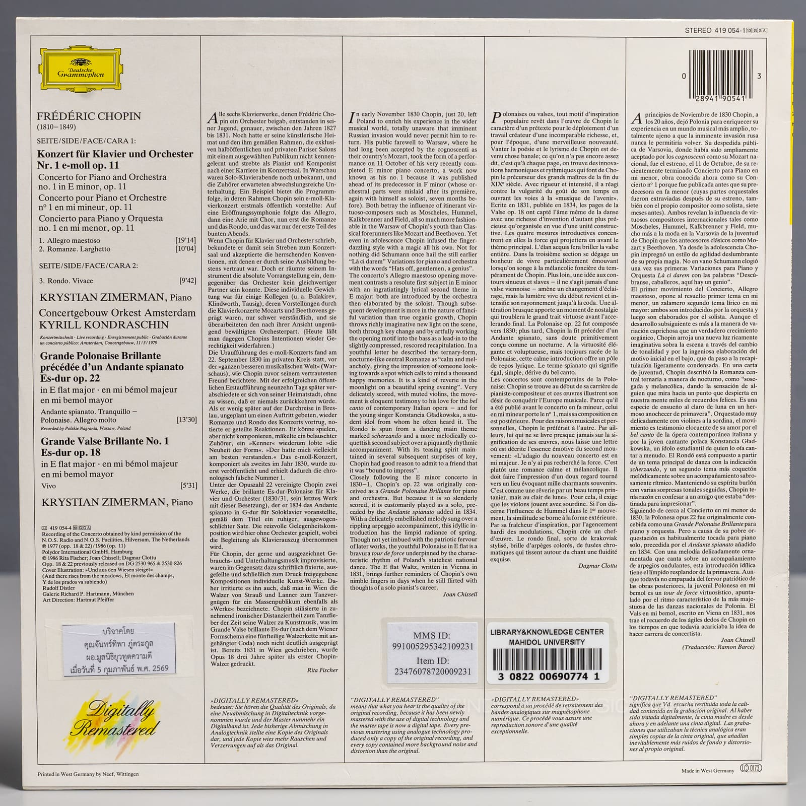 ปกหลัง — Frederic Chopin piano concertos No.1