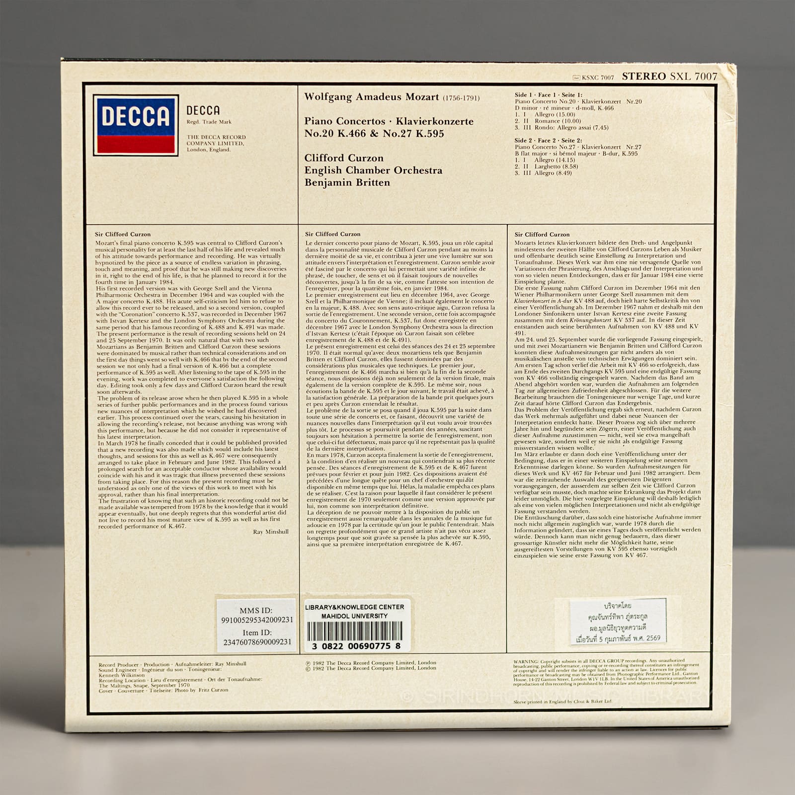 ปกหลัง — Mozart piano concertos No.20 K.466 & No.27 K.595