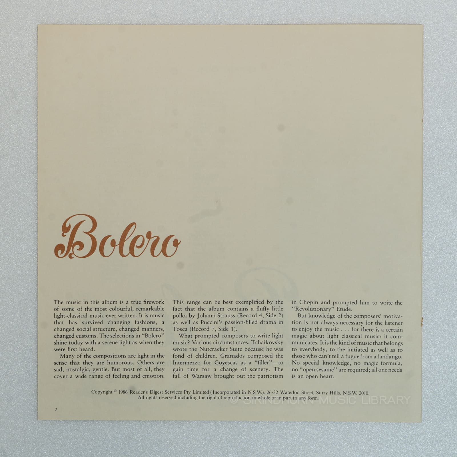 หน้าปกด้านใน 2 — Bolero 79 Rhapsodic light-classical favourites