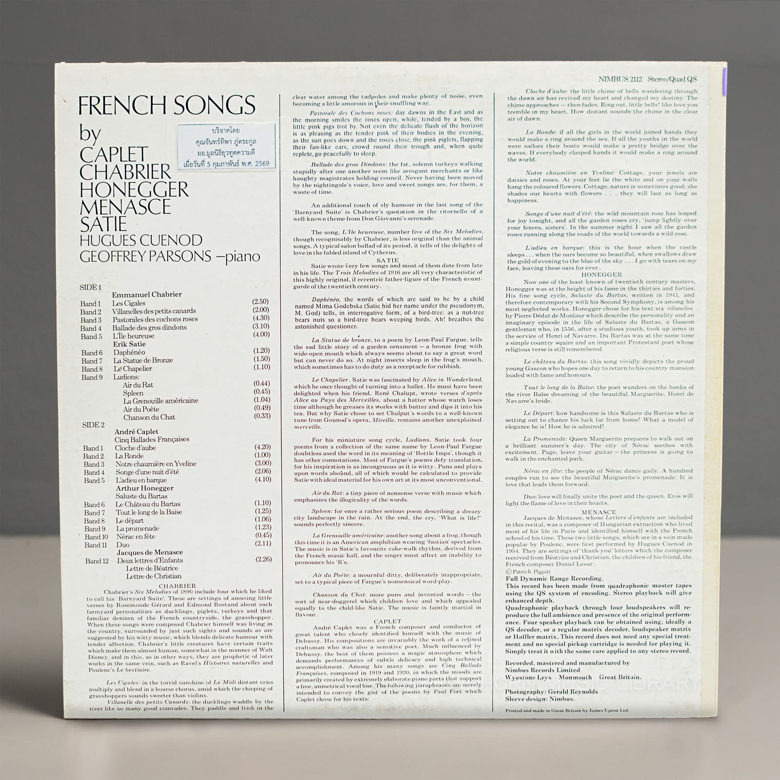 ปกหลัง — French songs by Caplet Chabrier Honegger Menasie Satie